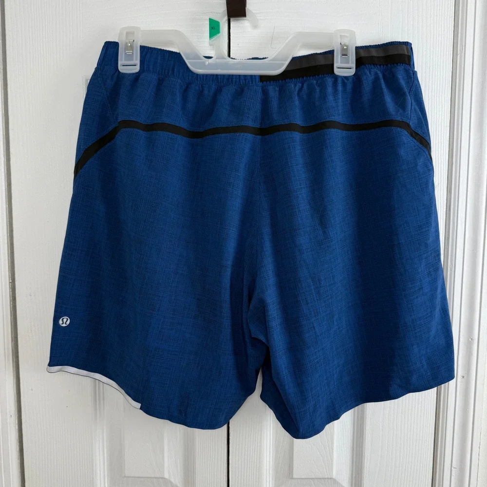 Lululemon‎ Surge Lined Shorts 7 Mens XL Blue Crosshatch Running Athletic Workout